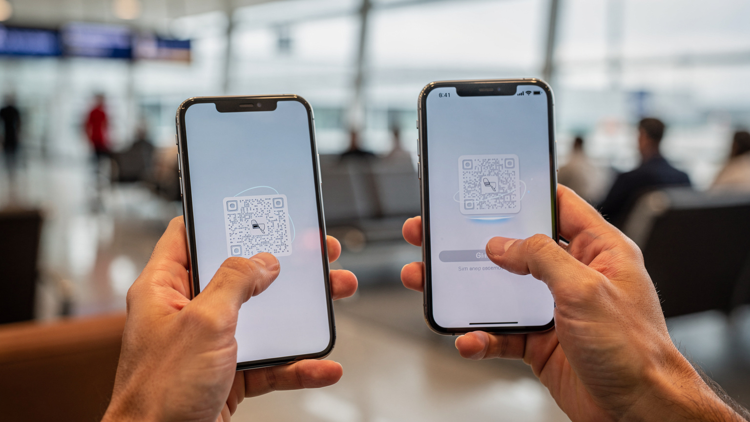 Zbliżenie na dłonie podróżnika skanującego kod QR eSIM na ekranie smartfona, z drugim telefonem wyświetlającym kod QR. W tle, rozmazane, widać wnętrze poczekalni lotniskowej, sugerując aktywację przed startem.
