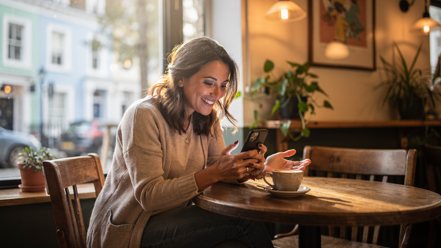 Una donna italiana sorride mentre fa una videochiamata con la sua famiglia su FaceTime nel suo smartphone, seduta comodamente in un caffè accogliente a Notting Hill, Londra.
