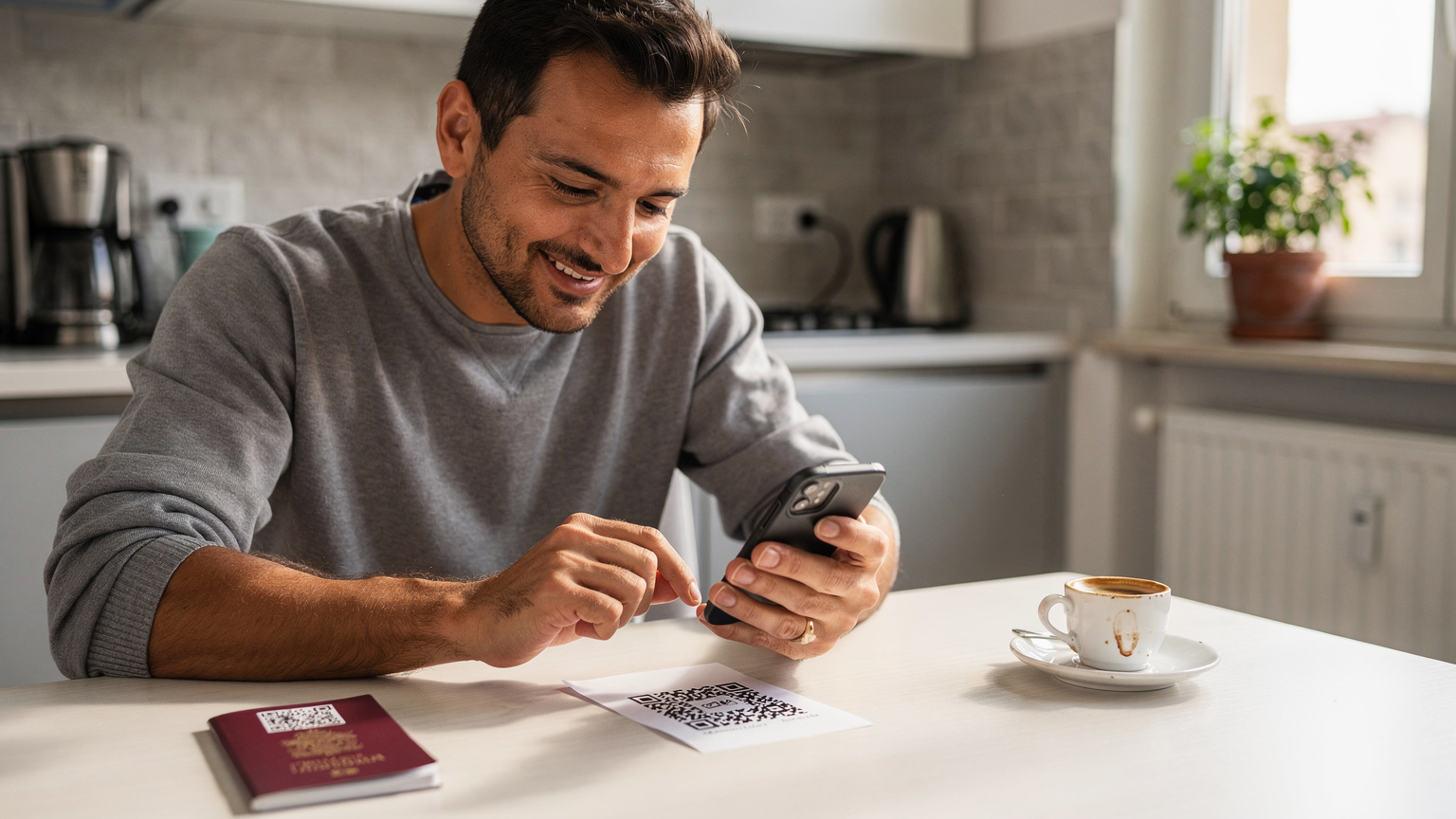 Un uomo italiano che configura la sua eSIM Cellesim a casa sul suo smartphone, scansione del codice QR, con una tazza di caffè e il suo passaporto sul tavolo, prima di partire per il viaggio.