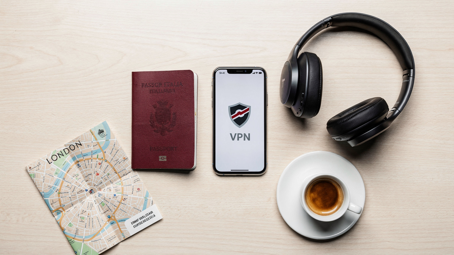 Un flat-lay elegante di un passaporto italiano aperto, uno smartphone con un'icona VPN visibile sullo schermo, cuffie wireless, una tazza di caffè espresso e una mappa piegata di Londra, che simboleggiano la preparazione di un viaggio sicuro e connesso.