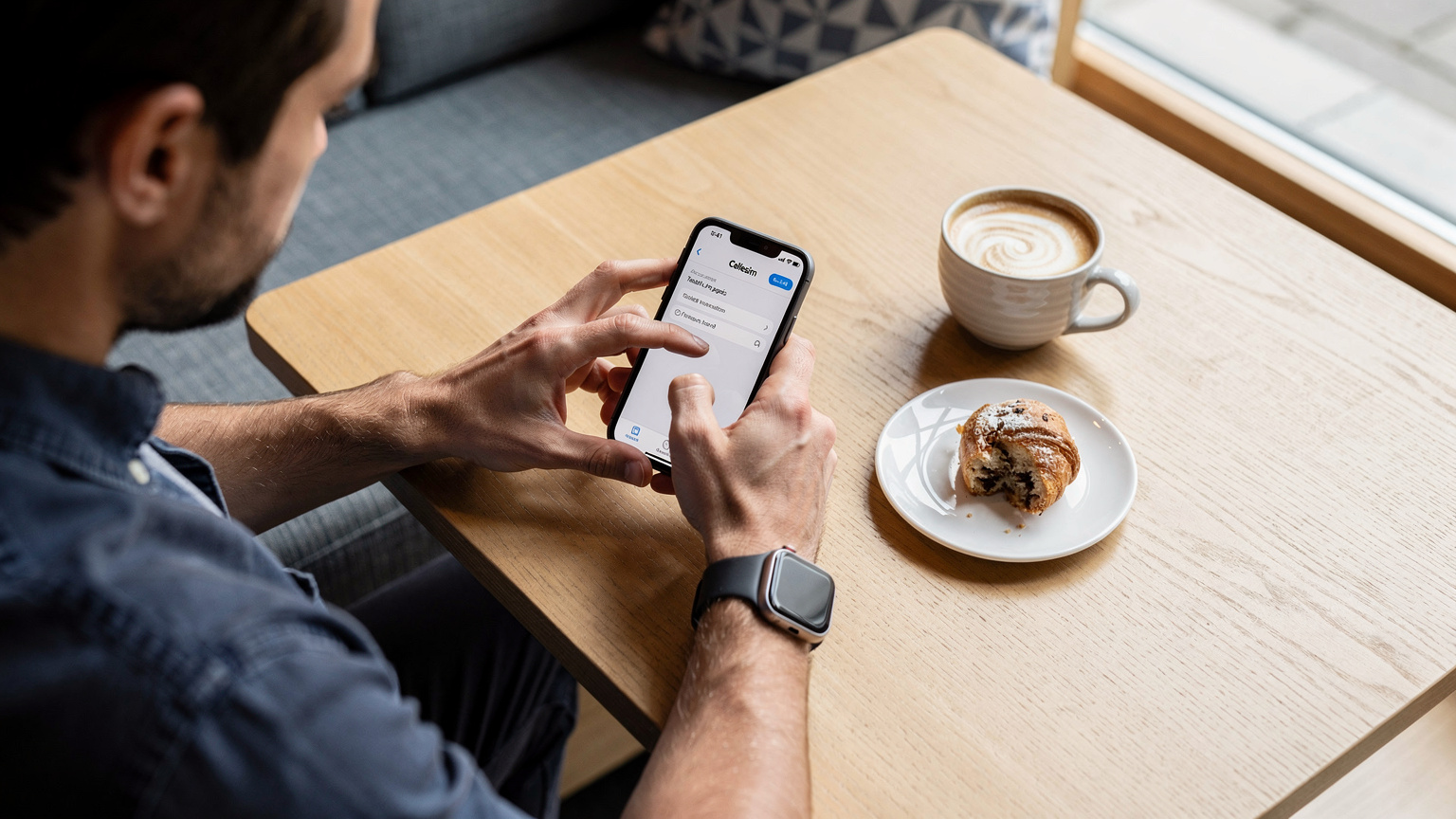 Un homme configurant une eSIM sur son iPhone avec l'application Cellesim, son Apple Watch Ultra posée sur une table en bois clair à côté, dans un café moderne de Munich.
