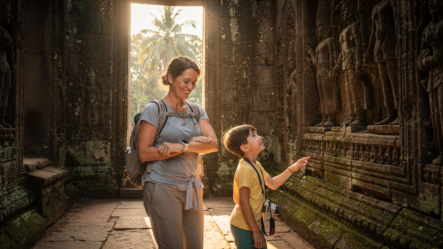 Une mère souriante et son enfant explorant des temples anciens à Angkor Wat, au Cambodge, la mère consultant discrètement sa montre intelligente pour la navigation.