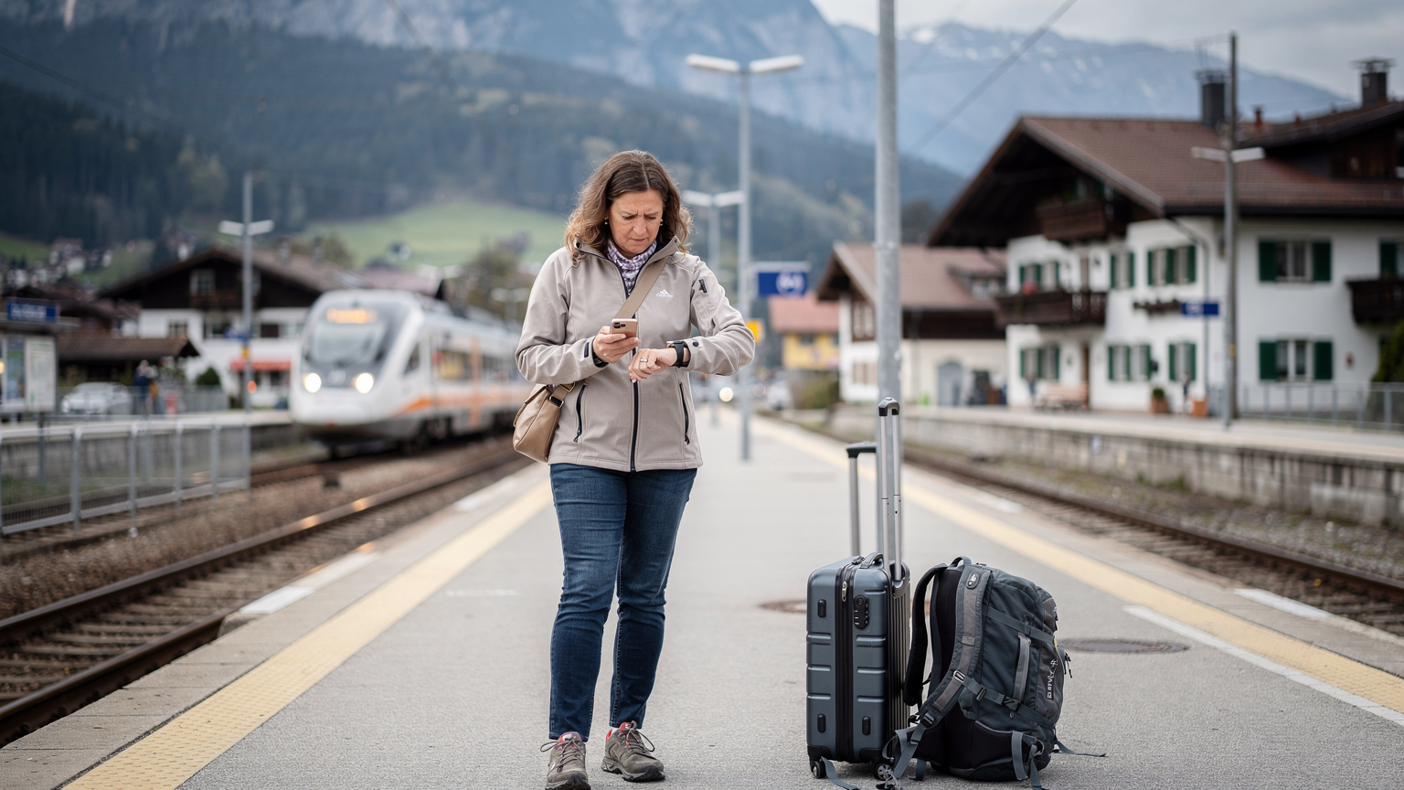 Une femme, l'air un peu perplexe, tient son iPhone et regarde son Apple Watch dans une gare de trains régionaux à Garmisch-Partenkirchen, en Allemagne, avec des bagages à côté.