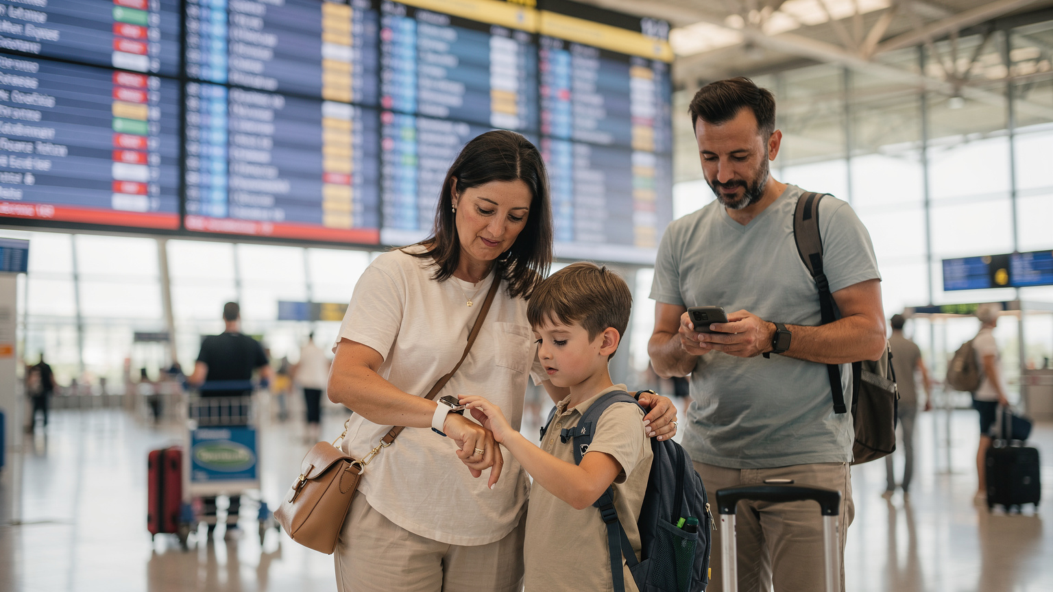 Une famille vérifiant la couverture réseau de leurs appareils en arrivant à l'aéroport de Rome Fiumicino, avec une mère montrant son Apple Watch à son enfant.