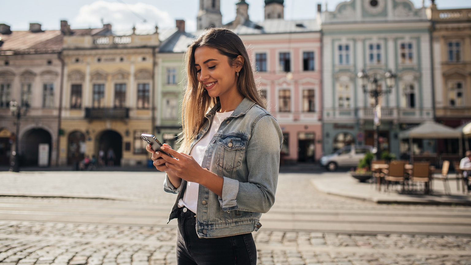 Жінка з посмішкою дивиться на свій смартфон, який показує карту покриття мережі в додатку Cellesim, на фоні видно історичну архітектуру Львова, що символізує надійний зв'язок в українських містах.