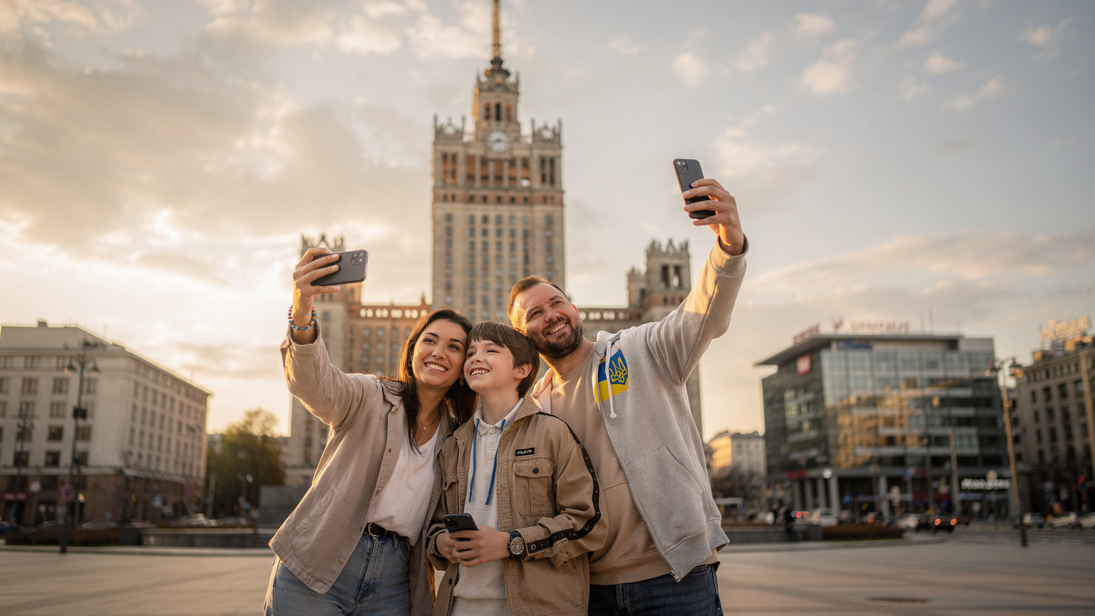 Родина українських туристів весело фотографується на тлі відомого пам'ятника в Варшаві, Польща, тримаючи смартфони з активованою eSIM, що символізує легкість зв'язку під час міжнародних подорожей.