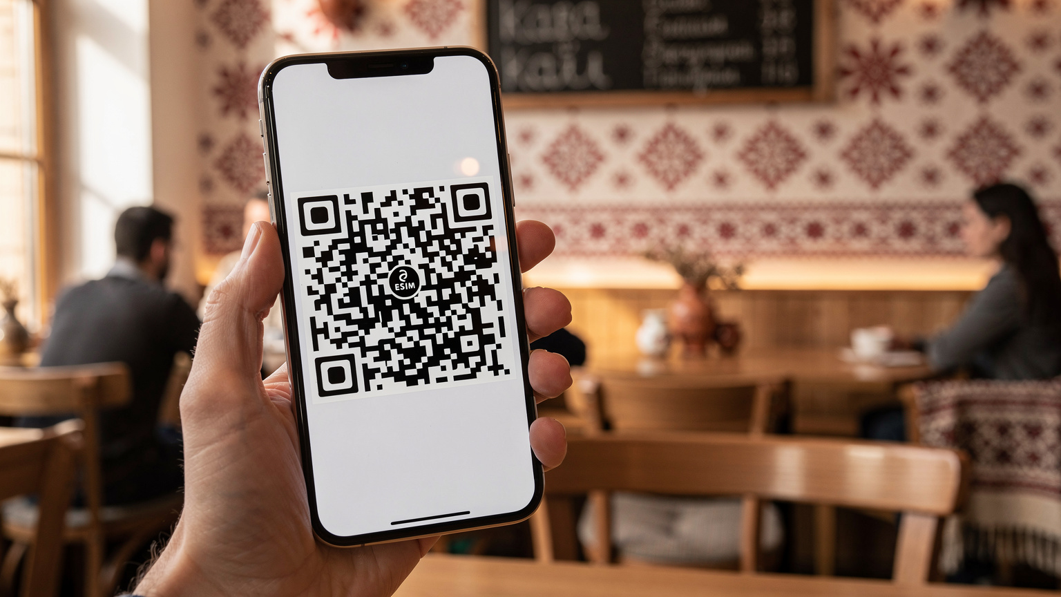Сучасний смартфон показує на екрані QR-код для активації eSIM, на фоні видніється затишне кафе з елементами українського дизайну, що підкреслює простоту інтеграції технології в повсякденне життя.