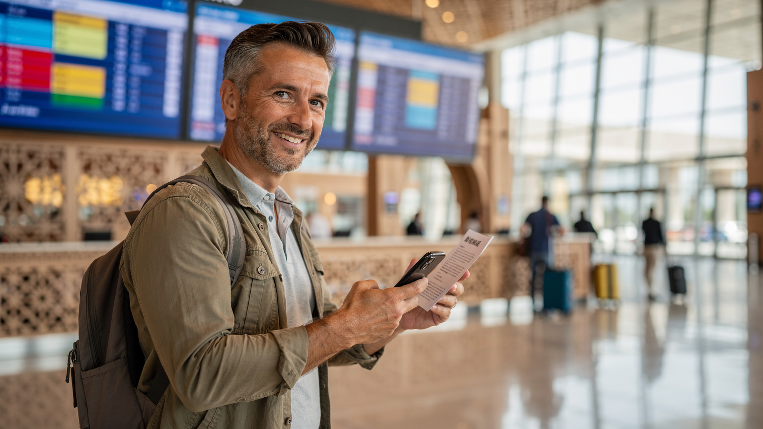 Un voyageur souriant, utilisant son téléphone pour scanner un code QR sur un document, dans un hall d'aéroport moderne à Marrakech, avec des panneaux d'affichage des vols en arrière-plan flou et des valises à côté de lui.