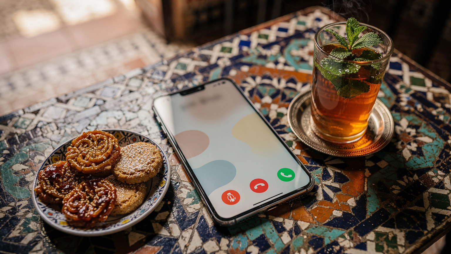 Un téléphone portable affichant une application de messagerie ou d'appel VoIP (WhatsApp, Signal, etc.), posé sur une table en mosaïque colorée dans un café de la médina de Marrakech, avec un verre de thé à la menthe et des pâtisseries marocaines à proximité.