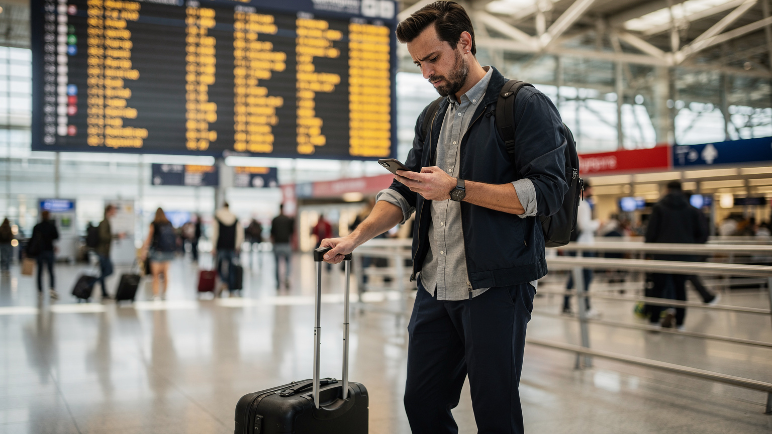 Un voyageur debout près d'un panneau d'affichage des départs à l'aéroport de Paris-Charles de Gaulle, l'air anxieux en regardant un message d'erreur sur son iPhone, symbolisant un problème de connectivité en voyage.