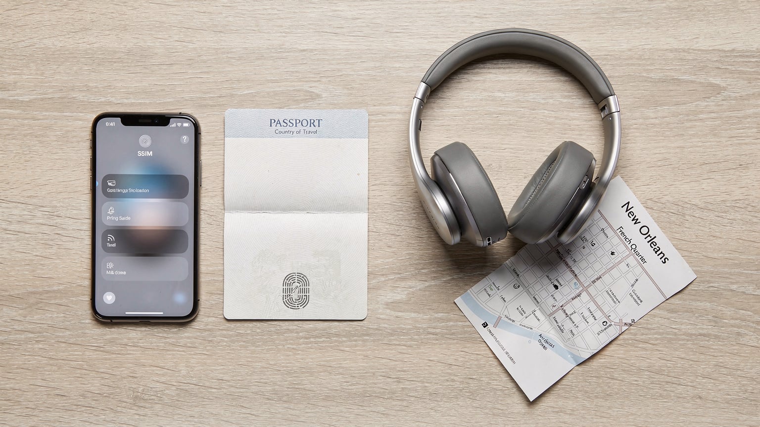 An overhead flat-lay shot of essential travel items: a passport, an open smartphone displaying eSIM activation steps, a pair of wireless headphones, and a small, folded map of a US city, all resting on a clean, light-colored hotel desk.