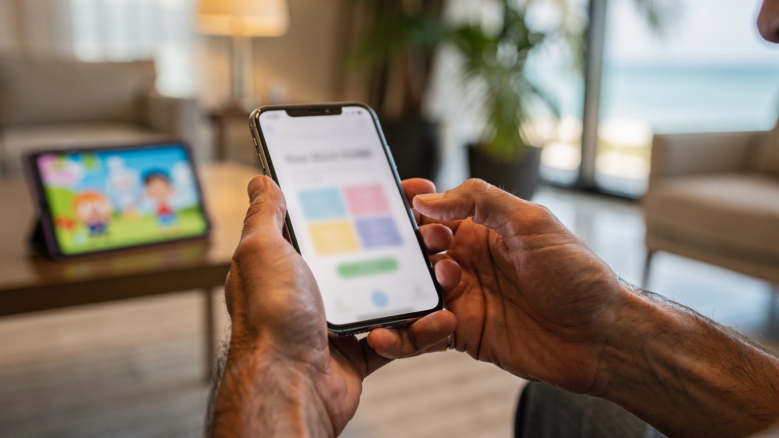 A close-up of a parent's hands expertly navigating their phone to manage an eSIM plan, with a child's tablet showing a paused animation in the background, set against the backdrop of a hotel lobby in Miami Beach.