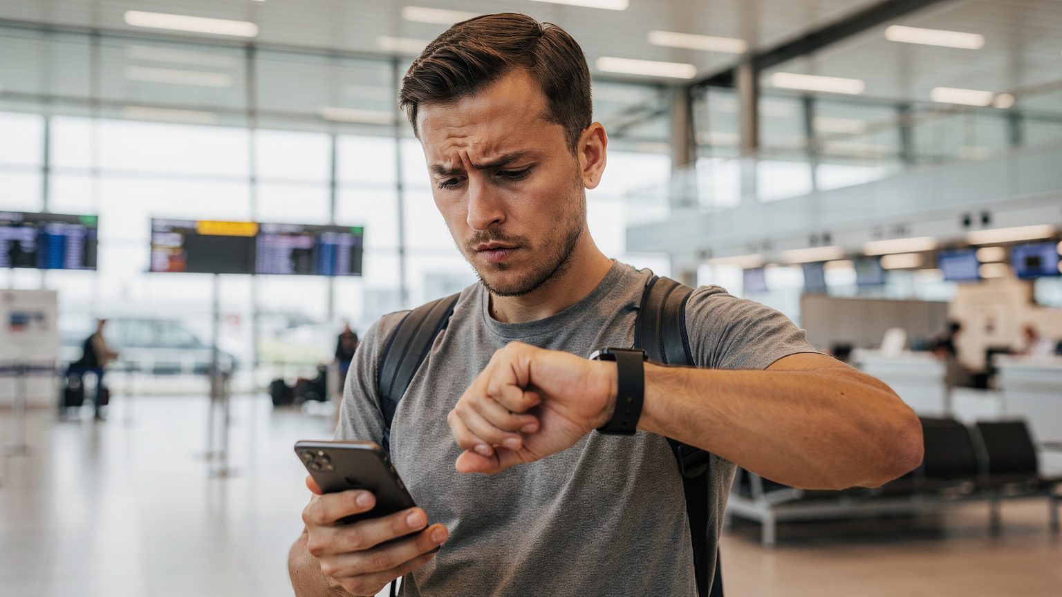 Ein Reisender mit einem genervten Ausdruck, der auf sein iPhone und seine Apple Watch am Terminal des Flughafens München schaut, vielleicht wegen Verbindungsproblemen oder hohen Kosten.