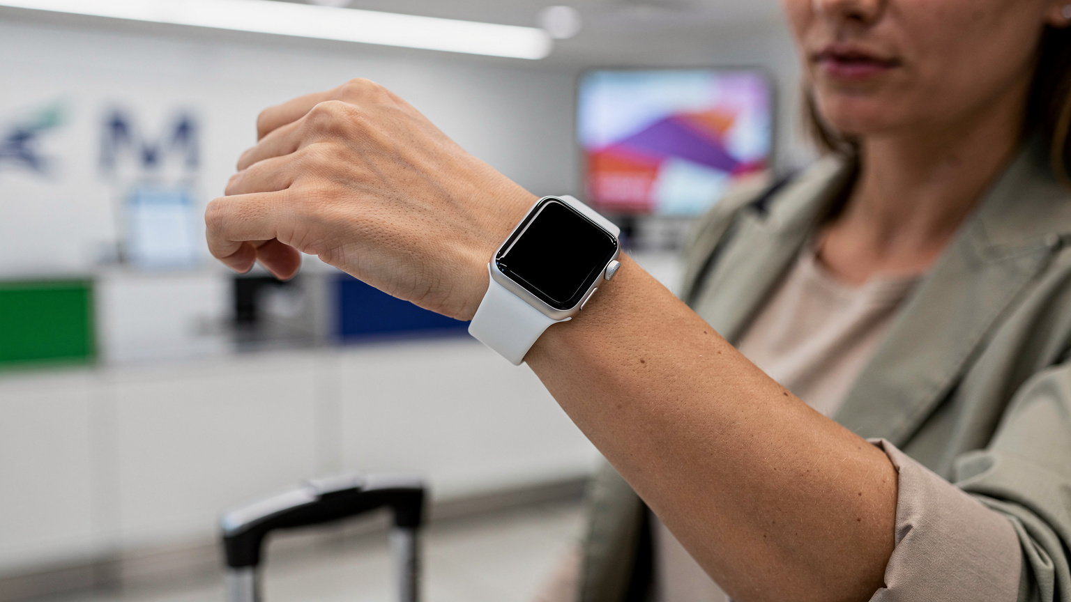 Ein Reisender hält seine Apple Watch an einem Check-in-Schalter am Flughafen, um eine digitale Bordkarte oder Reiseinformationen zu überprüfen, während sein Handgepäck daneben steht.
