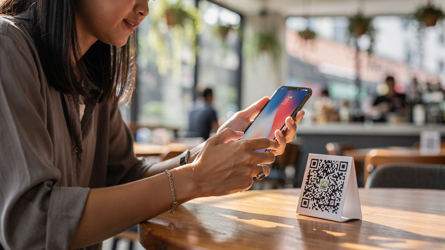 Seorang wanita di kafe di Jakarta memindai kode QR eSIM di ponselnya sebelum berangkat ke luar negeri.