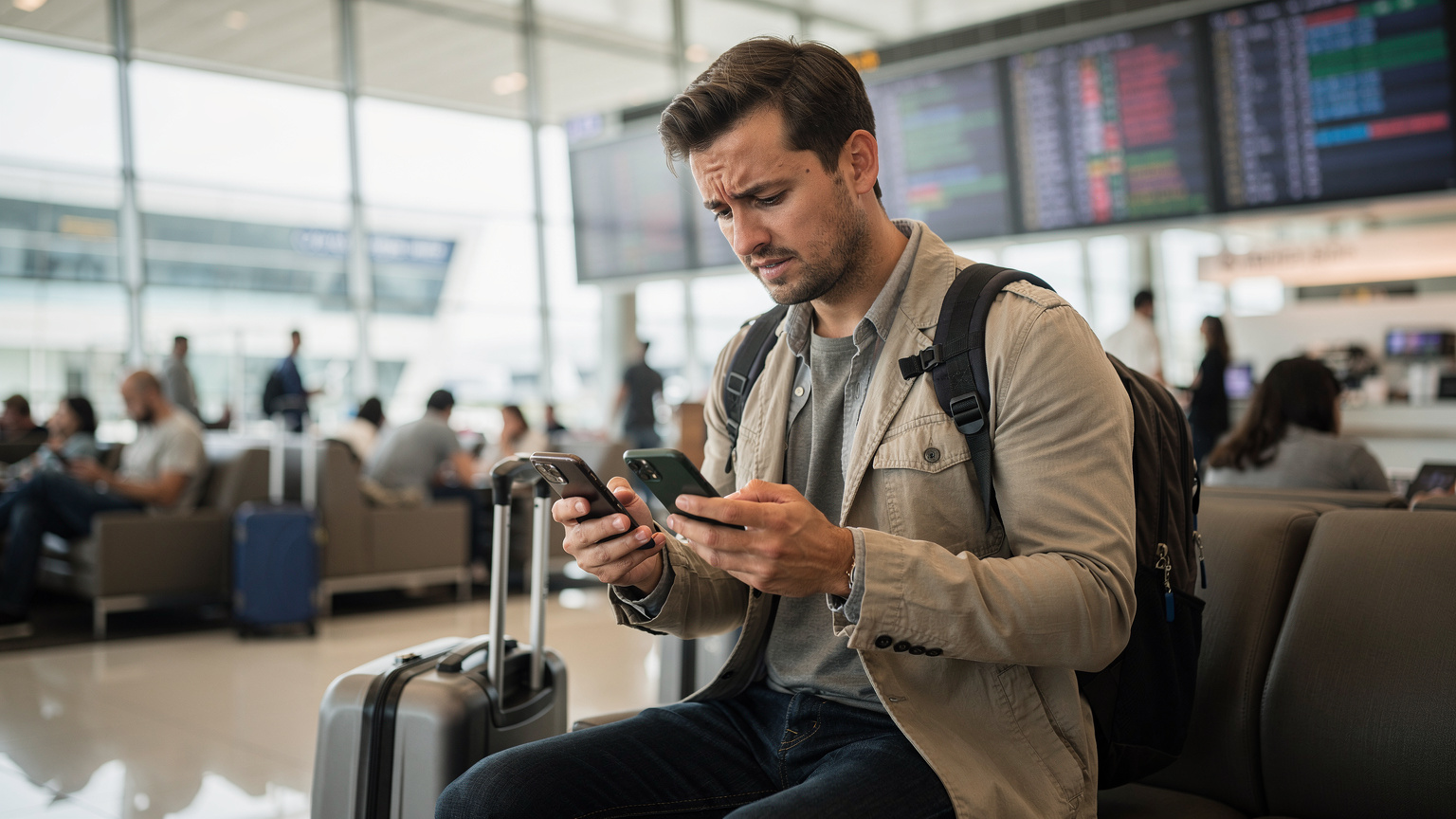 Seorang pria di bandara memegang dua ponsel, membandingkan sinyal atau paket data dari dua operator berbeda.