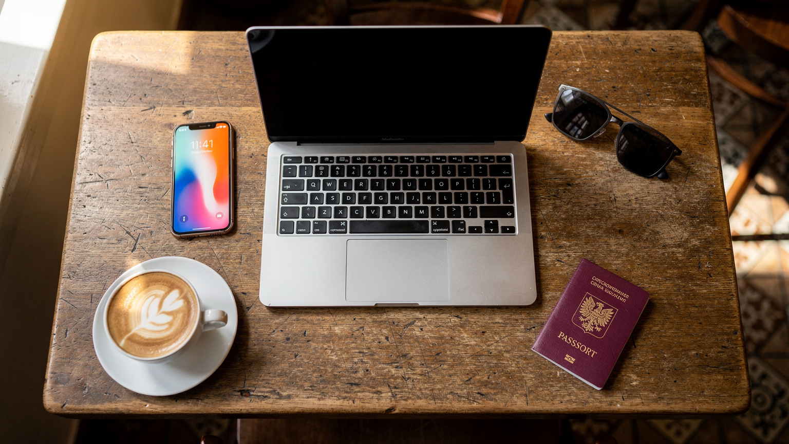 Přehledný flat-lay digitálního nomáda na stole v kavárně v Praze, zahrnující otevřený notebook, smartphone s aplikací Cellesim, pas, sluneční brýle a šálek kávy, symbolizující propojení práce a cestování.