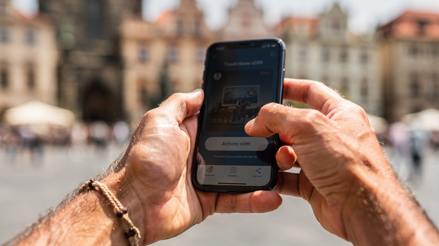Detailní záběr na ruce digitálního nomáda, který drží svůj smartphone a aktivuje eSIM v aplikaci Cellesim, s rozmazaným pozadím rušného centra města v dálce.