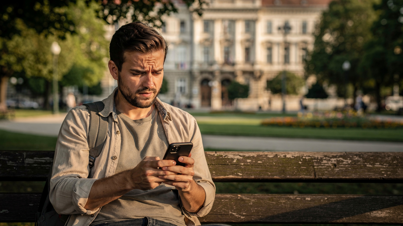 Zamyšlený digitální nomád sedí na lavičce v parku v centru Budapešti, s mobilem v ruce a výrazem, jako by řešil problém s připojením k internetu, s historickou budovou v pozadí.