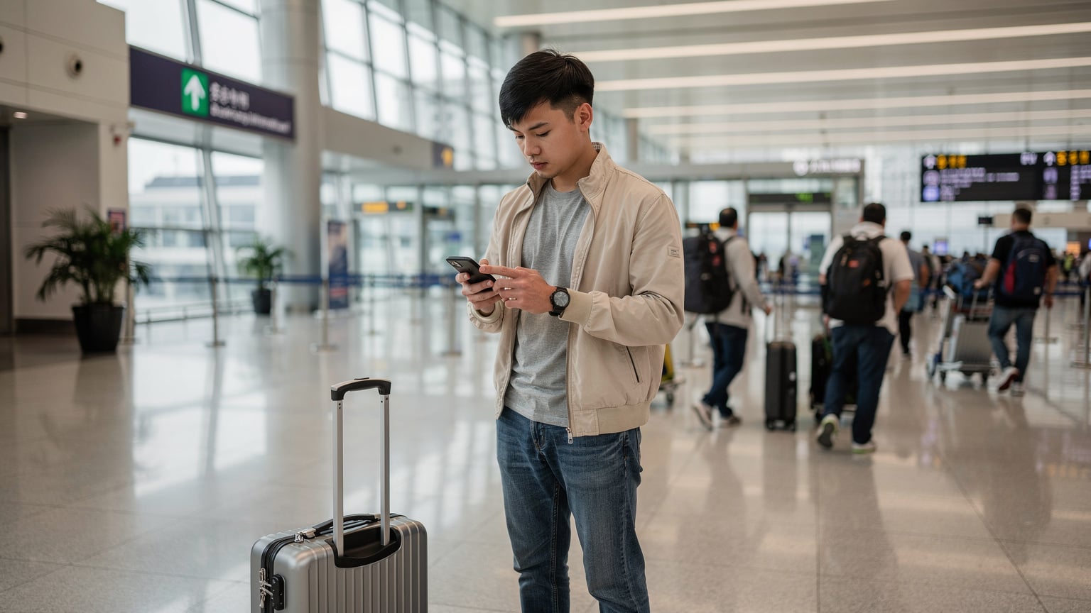 一位旅客在上海浦東機場的到達大廳,一邊整理行李一邊查看手機上的eSIM設置。