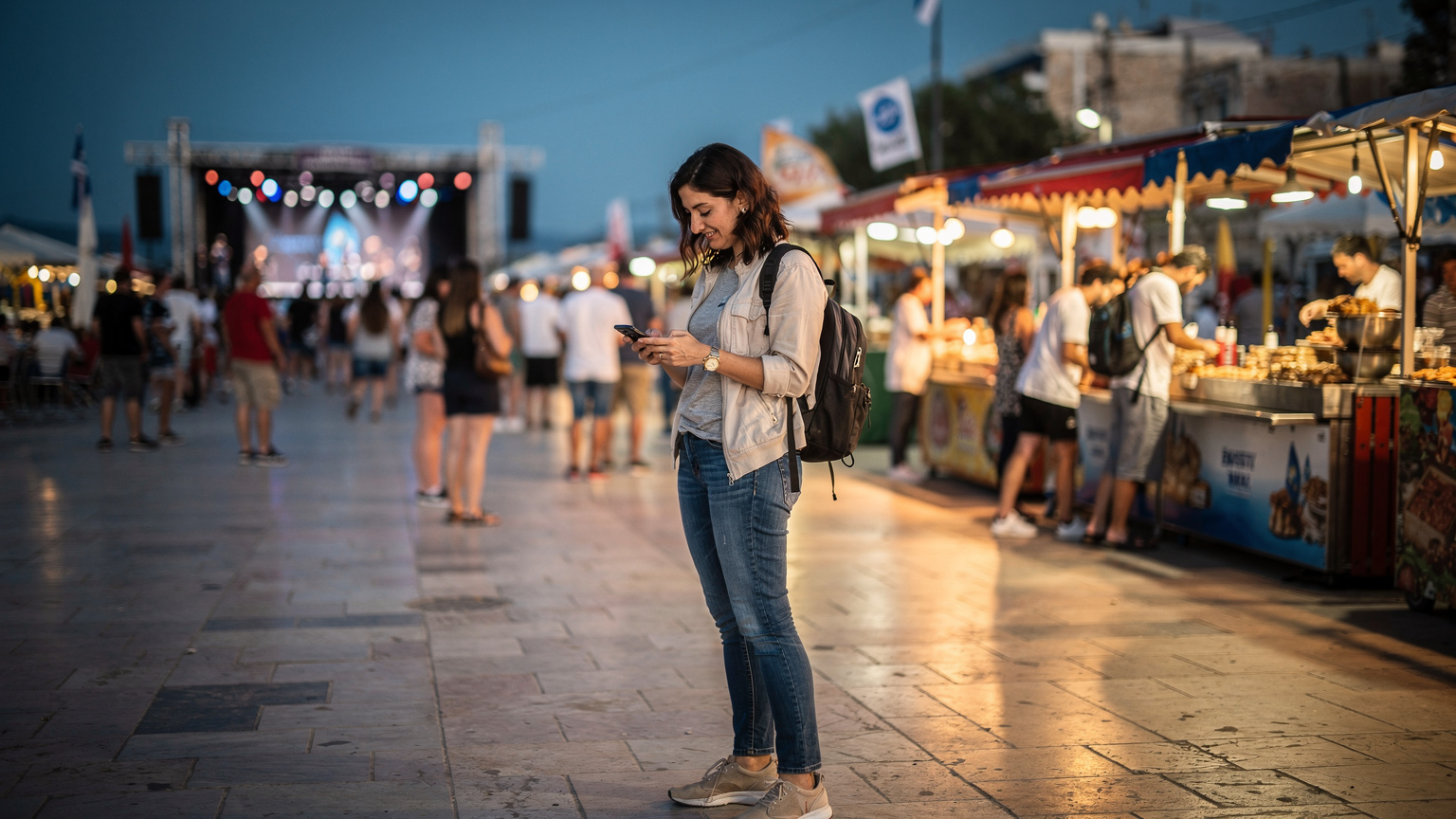 Μια γυναίκα με ένα σακίδιο πλάτης, στέκεται μπροστά σε έναν πάγκο street food σε ένα πολυσύχναστο φεστιβάλ στην Πλατεία Νερού, ελέγχοντας το κινητό της.