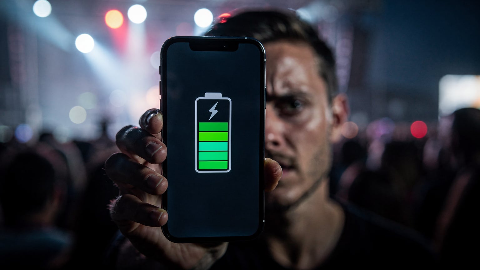 Ένα smartphone εμφανίζει μια οθόνη χαμηλής μπαταρίας και ειδοποίηση για χαμηλά δεδομένα, σε ένα θολό φόντο πολυσύχναστου φεστιβάλ.