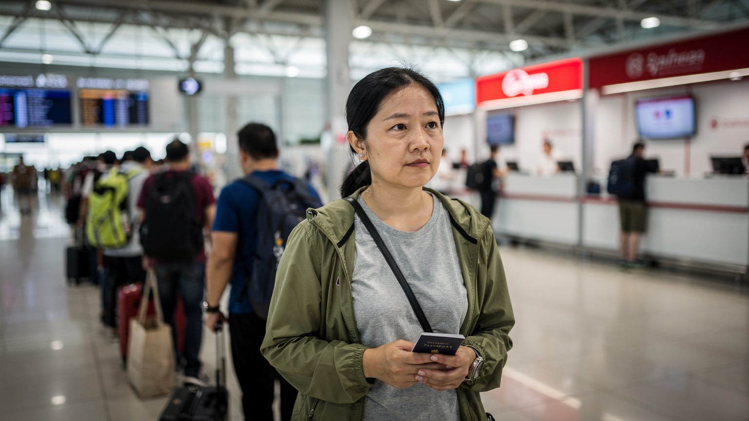 一位旅行者在曼谷素万那普机场的TrueMove H柜台前排队,表情略显无奈,旁边是等待办理业务的众多旅客。