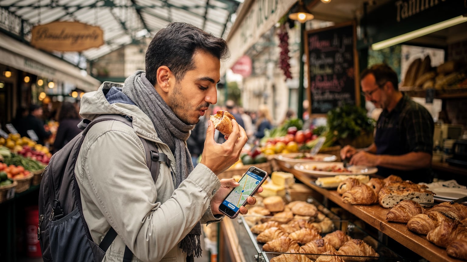 Paris'in hareketli bir pazarında yerel lezzetleri denerken telefonunda harita uygulamasıyla yolunu kontrol eden bir seyahatsever.