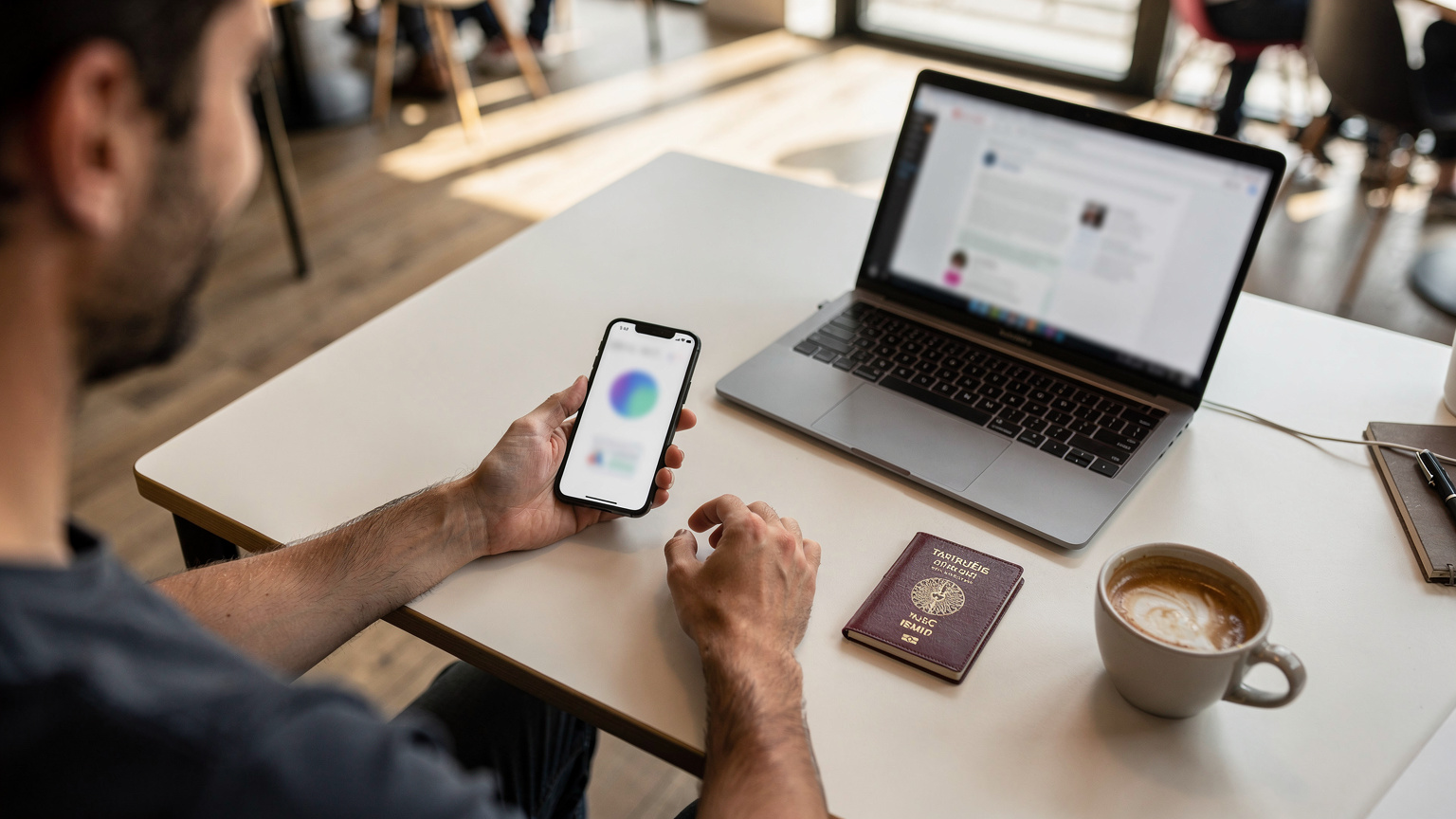 Paris'teki bir co-working space'te (örneğin WeWork La Fayette) laptopu, pasaportu ve kahvesiyle çalışırken telefonunda eSIM uygulamasını inceleyen bir dijital nomad.