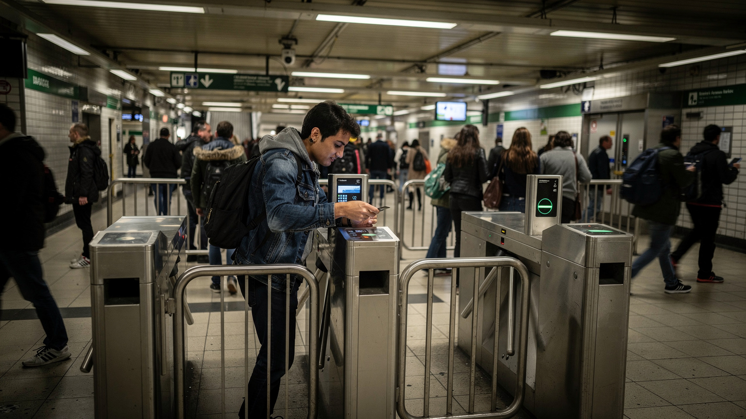 Paris'in hareketli bir metro istasyonunda, bir kişi mobil bilet uygulamasını veya NaviGo kartını okutarak turnikeden geçiyor.