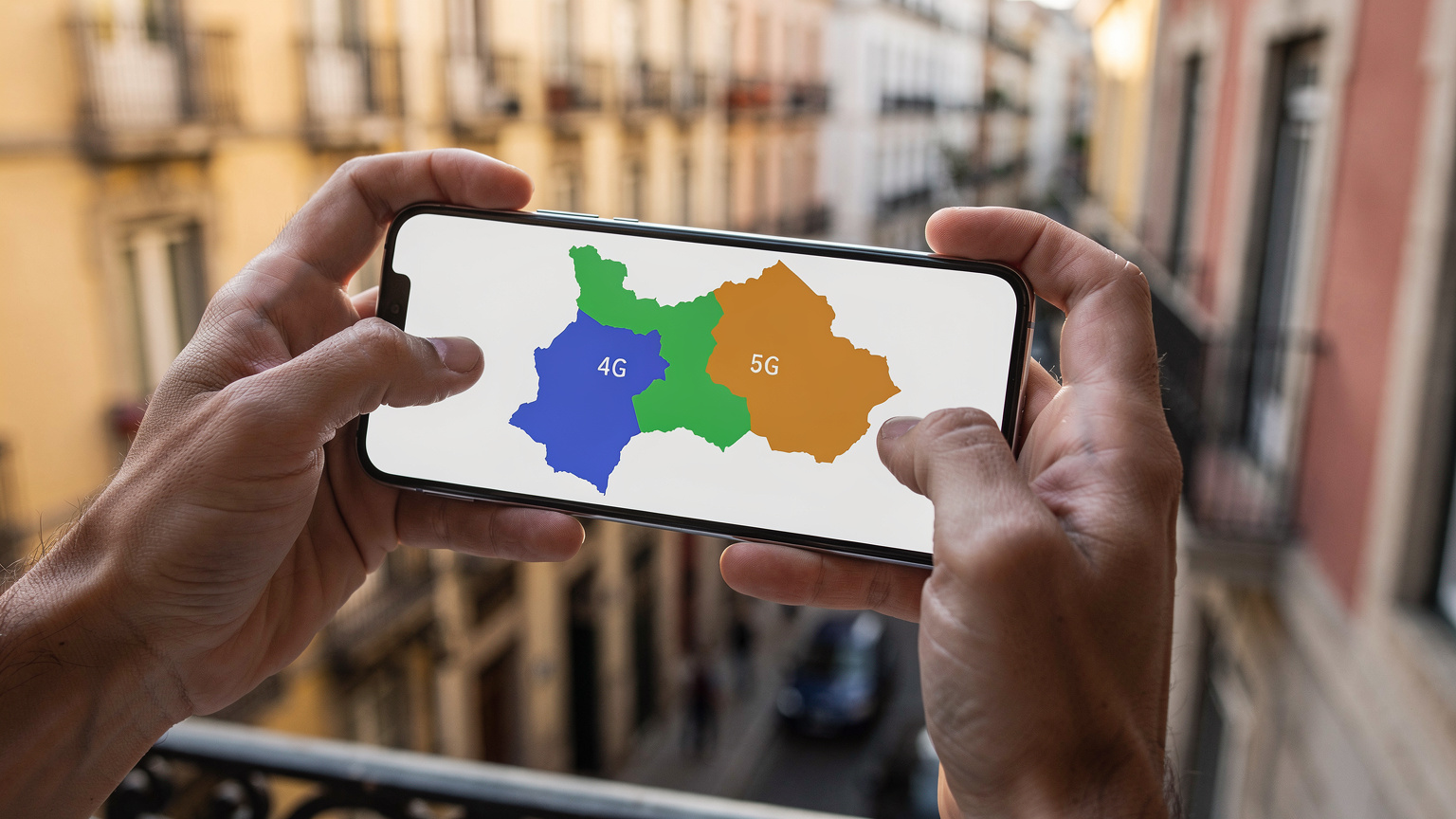 A woman reviewing a mobile network coverage map on her smartphone, with blurred European city buildings in the background, illustrating the technical aspect of network planning.