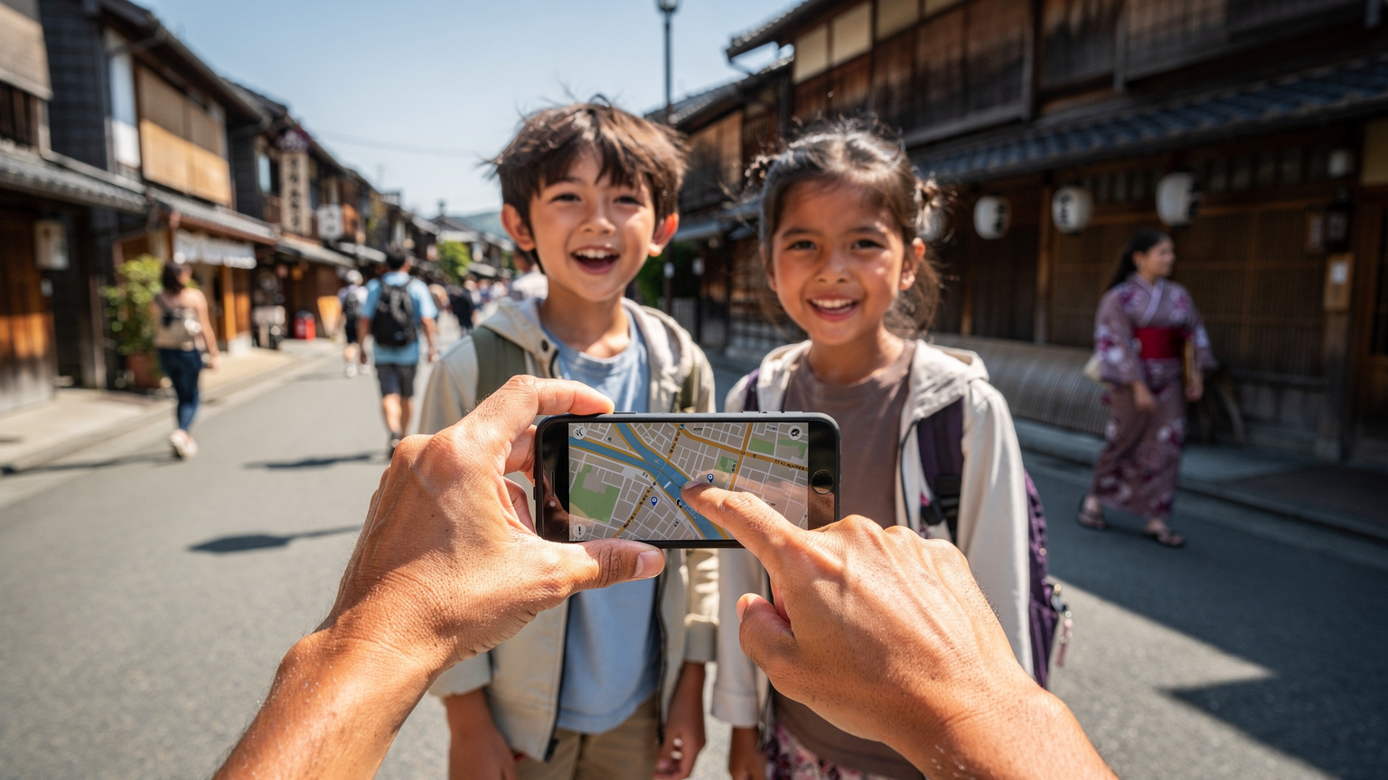 Tangan seorang bapa Malaysia sedang menunjuk arah pada peta digital di telefon bimbitnya, dengan anak-anaknya yang bersemangat melihat pemandangan kota Kyoto yang sibuk di latar belakang.