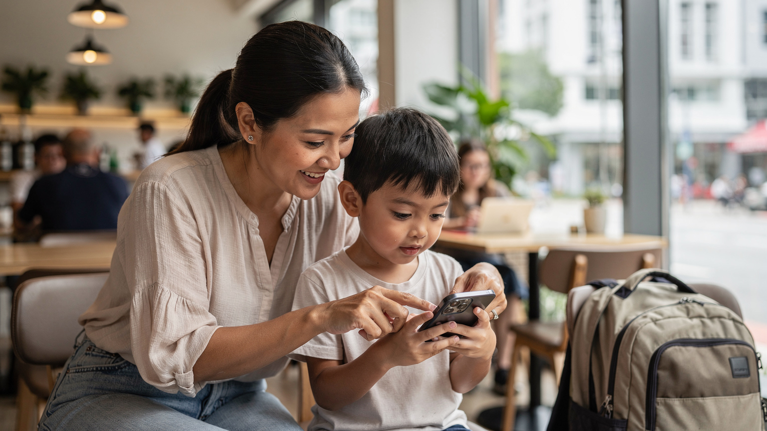 Seorang ibu Malaysia sedang tersenyum sambil membantu anaknya yang masih kecil memasang eSIM di telefon pintar mereka di dalam sebuah kafe yang meriah di Singapura, dengan beg galas perjalanan dan cawan kopi di atas meja.