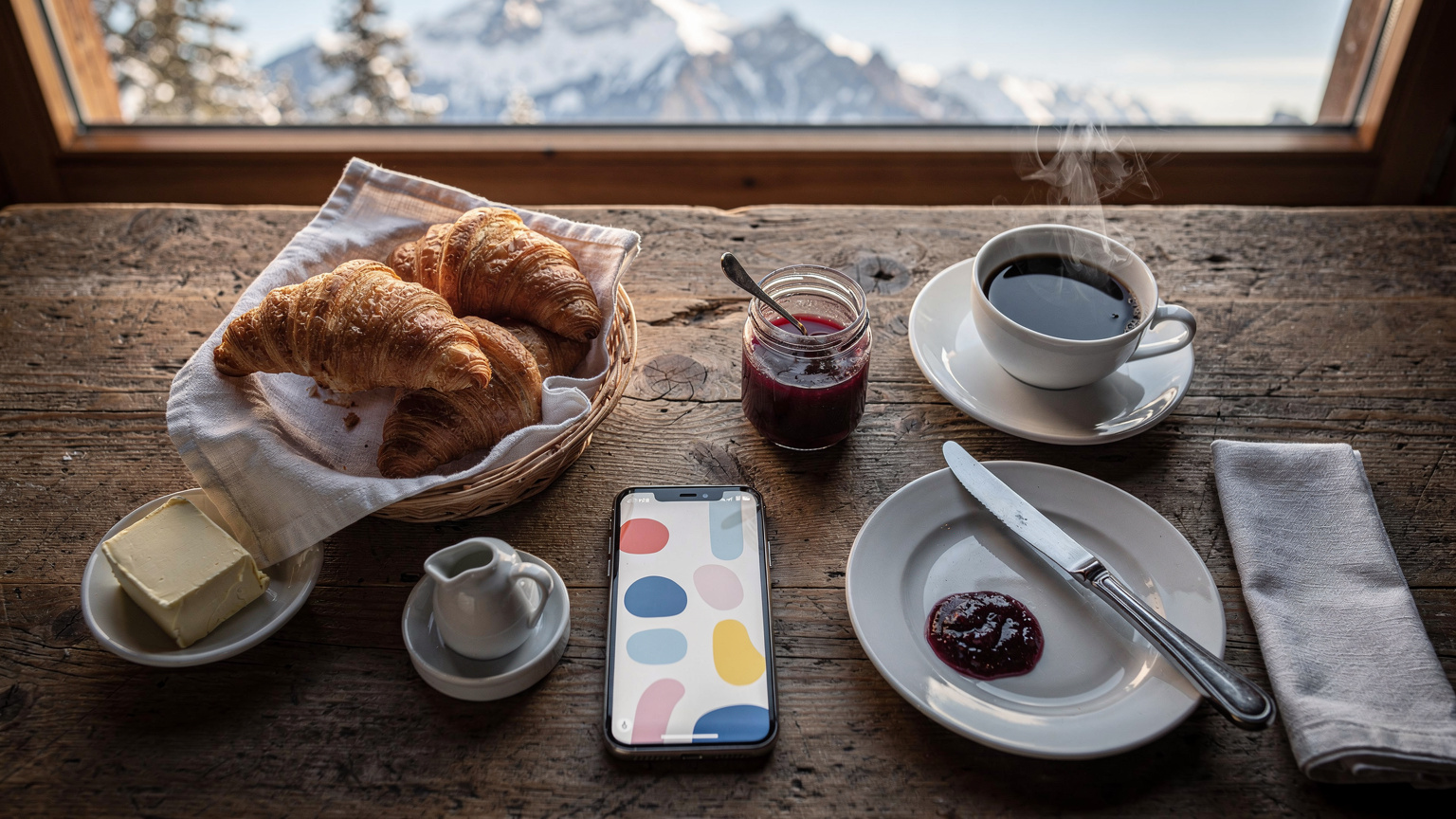 Uma mesa de café da manhã em um chalé alpino na França, com croissants, geleia, café fumegante e um smartphone ao lado, mostrando uma notificação do aplicativo Cellesim sobre o uso de dados, com uma vista nevada pela janela.