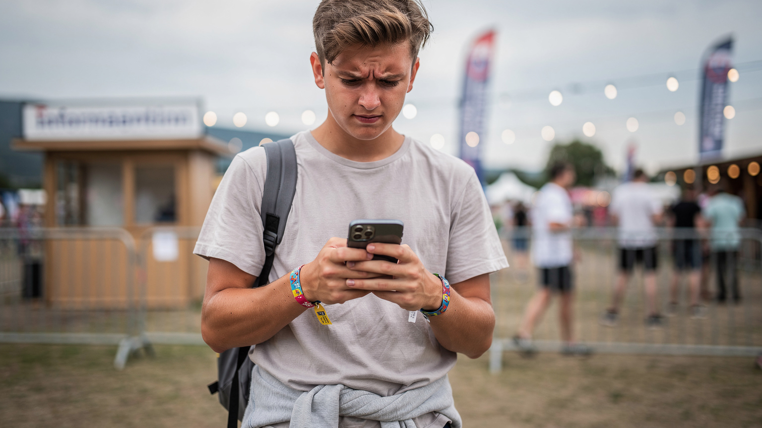 Cestovateľ hľadá verejnú Wi-Fi na festivalovom areáli v Trenčíne s cieľom aktivovať si eSIM, jeho výraz naznačuje mierne frustráciu, ale odhodlanie.