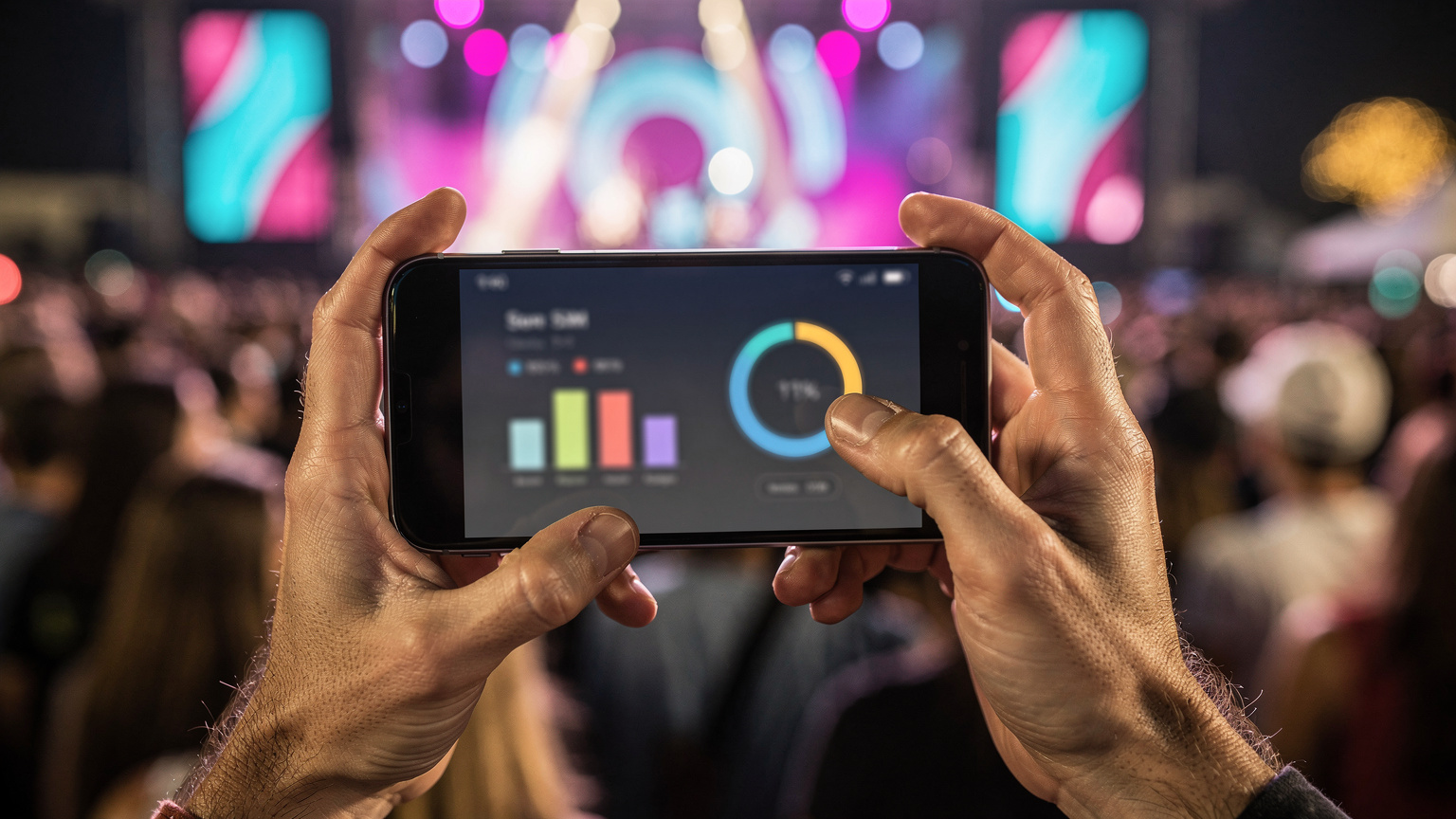 Zblízka, ruka drží smartfón s eSIM aplikáciou, ktorá zobrazuje zostávajúce dáta, v pozadí je rozostrený festivalový dav.