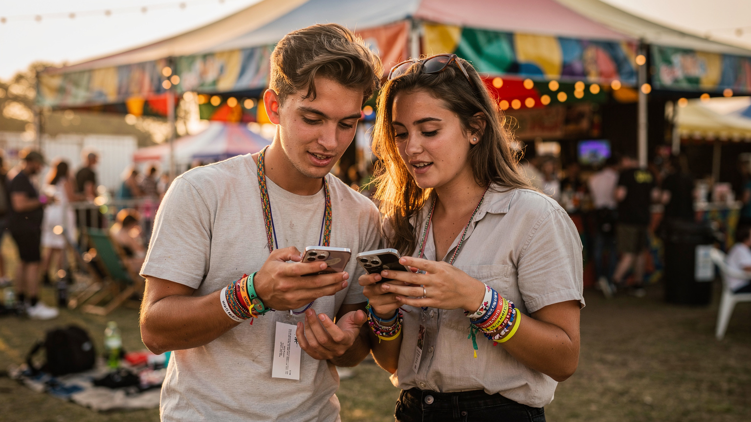 Mladí ľudia s farebnými festivalovými náramkami si prezerajú program festivalu na svojich smartfónoch, s pozadím stanu s občerstvením a dekoráciami.