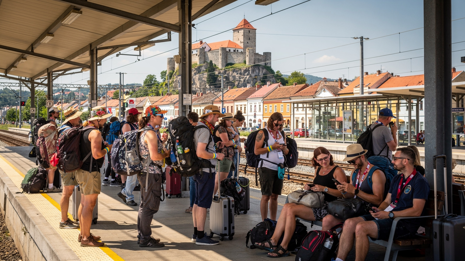 Preplnená vlaková stanica v Trenčíne, ľudia s batohmi a festivalovými rekvizitami čakajú na vlak, s výhľadom na historické centrum mesta.