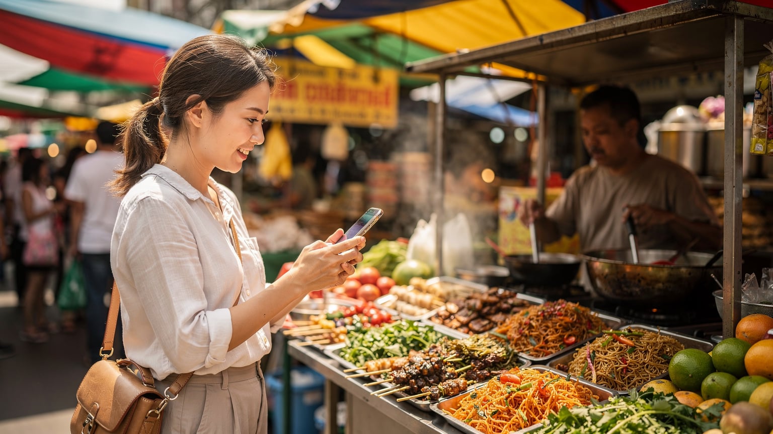 アジアの賑やかな市場で、地元の屋台料理を注文しようとスマホの翻訳アプリを使いながら店員とコミュニケーションを取る日本人旅行者。