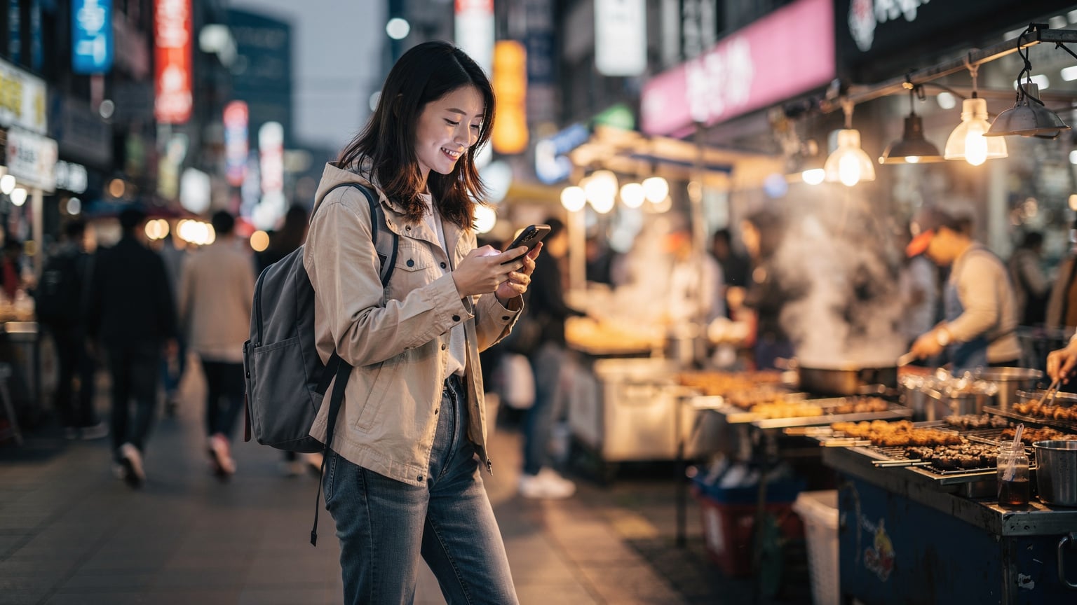 活気あふれるソウルの明洞で、笑顔でスマートフォンを操作し、次の目的地を確認するバックパッカーの女性。