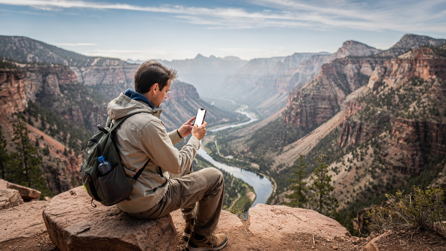 A traveler consults their phone for directions while sitting at a scenic overlook, blending technology with the natural beauty of the North American landscape.