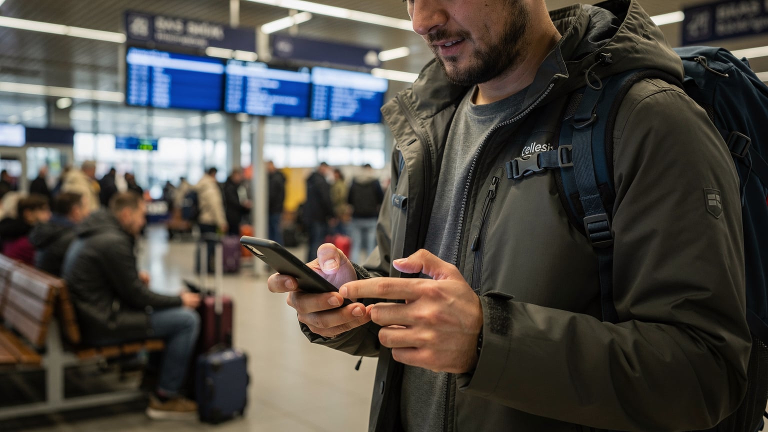 Belgrad otogarında, elinde sırt çantasıyla otobüs bekleyen bir gezgin, telefonundan online biletini ve Cellesim uygulamasını kontrol ediyor.