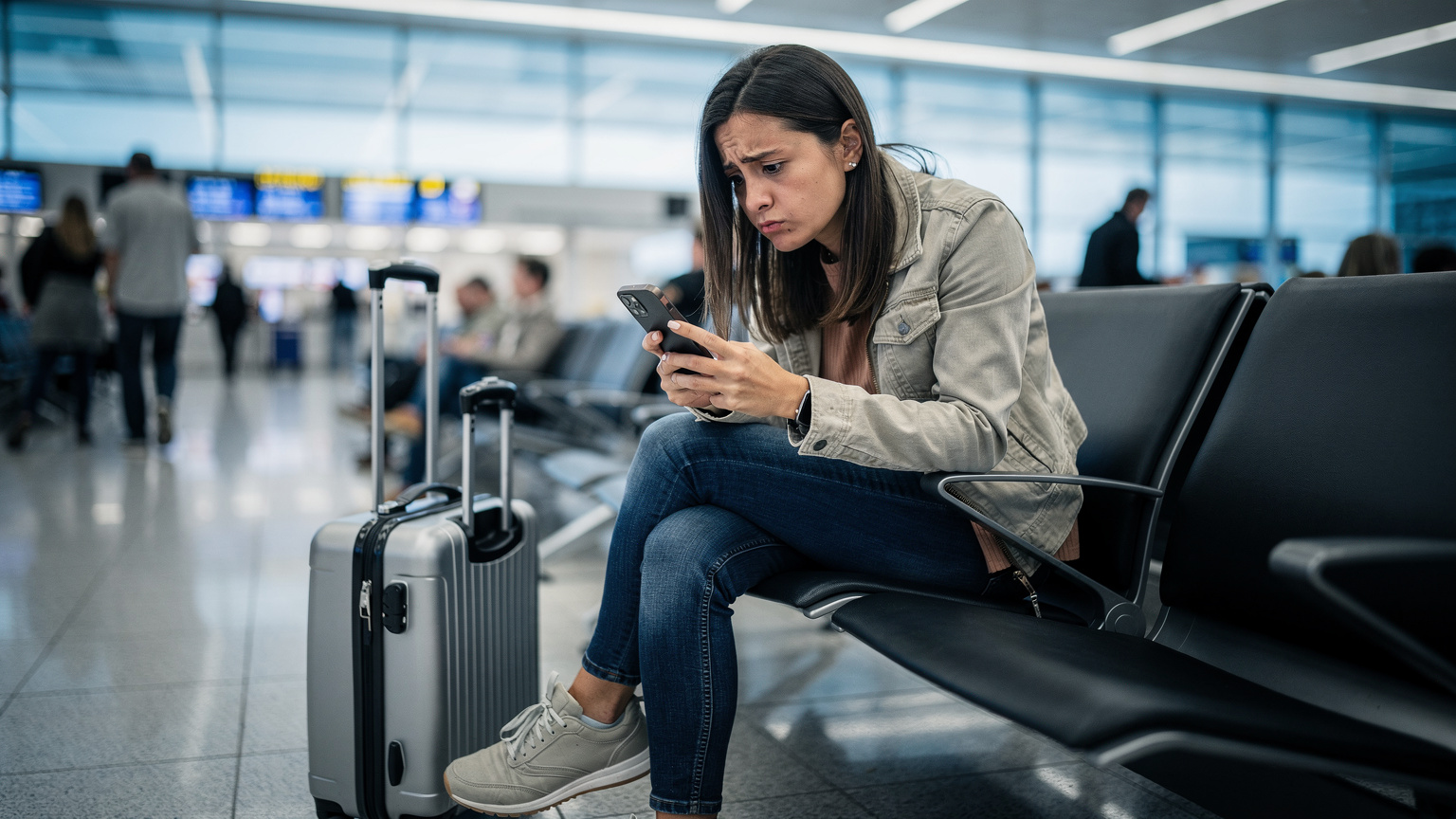 A traveler looks concerned at their smartphone in a bustling airport departure lounge, indicating a connectivity issue.