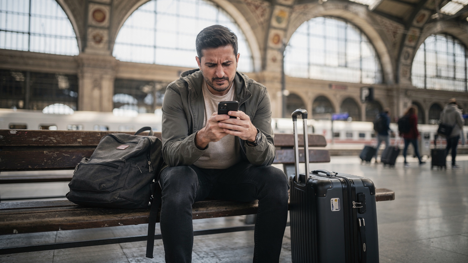 Un viaggiatore guarda con preoccupazione il suo telefono, seduto su una panchina in una stazione ferroviaria affollata, con valigie accanto, simboleggiando una situazione di difficoltà di connessione.