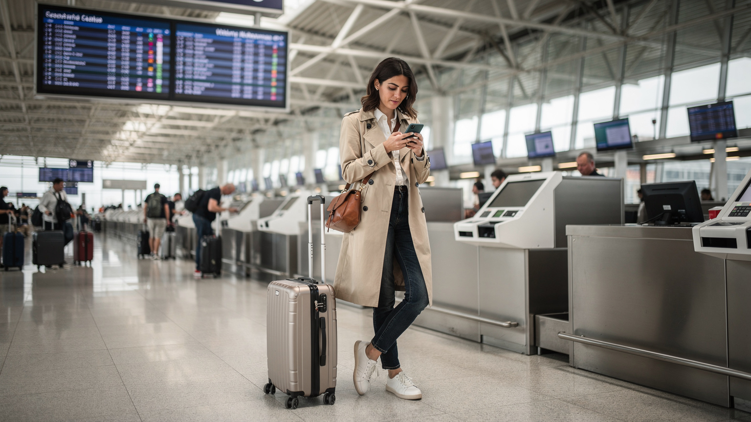 Una viaggiatrice moderna controlla il suo telefono a un check-in aeroportuale, simboleggiando la facilità di connessione prima del volo.