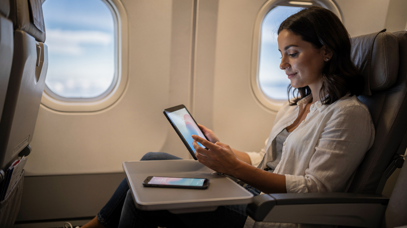 Una persona siede comodamente su un aereo durante un lungo volo, utilizzando un tablet e un telefono, mostrando come la connettività sia integrata nell'esperienza di viaggio moderna.