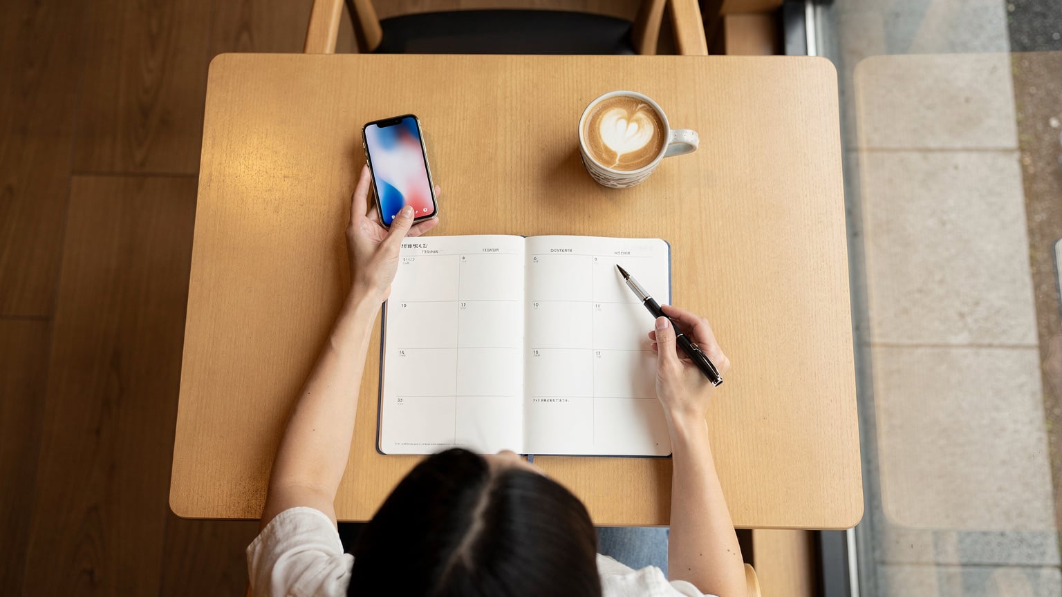 日本のカフェで、旅行プランナーの女性がeSIMのデータプランを検討している様子。手帳とペン、スマートフォンが広げられている。