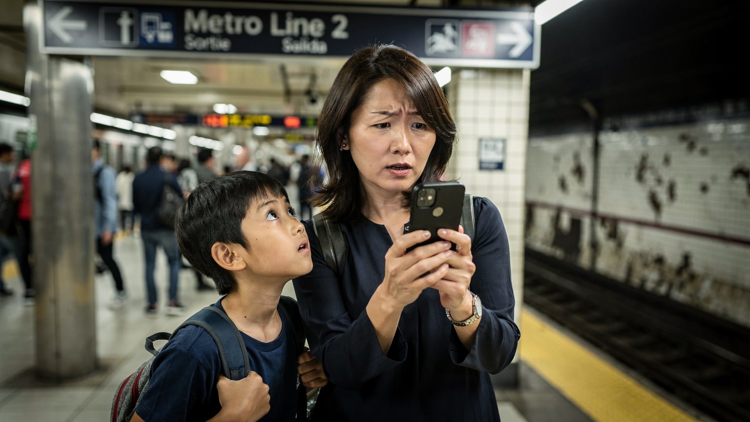 海外の地下鉄駅で、スマートフォンの電波状況を不安そうに確認する日本の親子。背景には多言語の案内表示が見える。