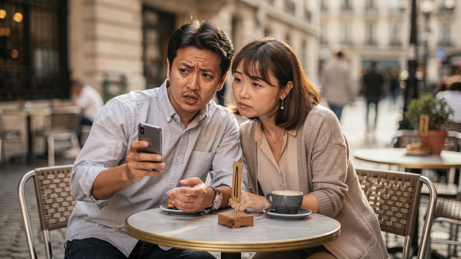 海外旅行中にキャリアローミングの料金プランをスマートフォンで確認し、その高額さに驚きを隠せない日本の夫婦。