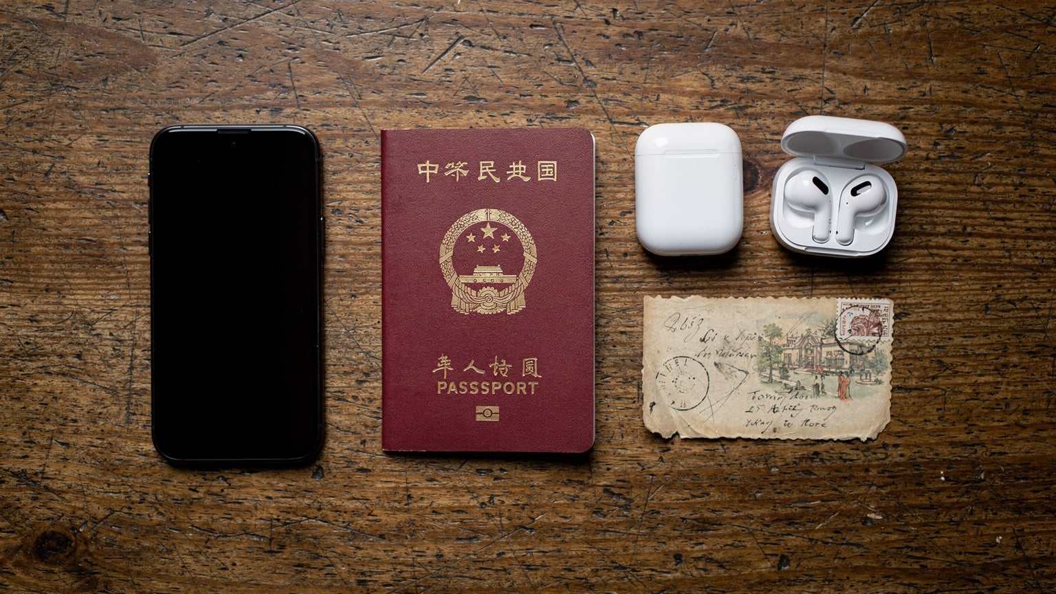 一张护照、手机、耳机和一张带有地图片段的旅行明信片平铺在木质桌面上，营造出旅行准备的氛围。